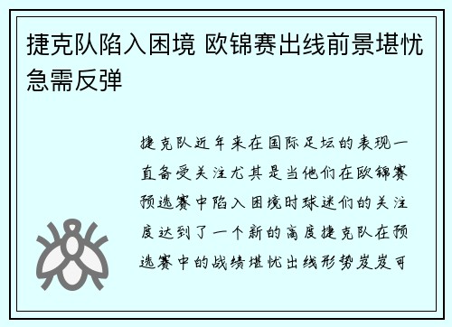 捷克队陷入困境 欧锦赛出线前景堪忧急需反弹
