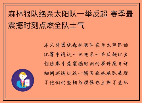 森林狼队绝杀太阳队一举反超 赛季最震撼时刻点燃全队士气