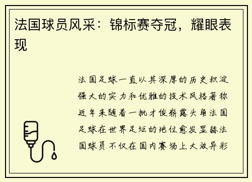 法国球员风采：锦标赛夺冠，耀眼表现