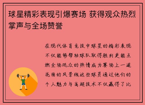 球星精彩表现引爆赛场 获得观众热烈掌声与全场赞誉