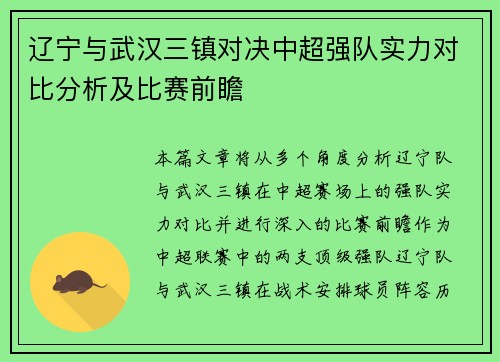 辽宁与武汉三镇对决中超强队实力对比分析及比赛前瞻