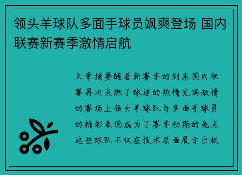 领头羊球队多面手球员飒爽登场 国内联赛新赛季激情启航